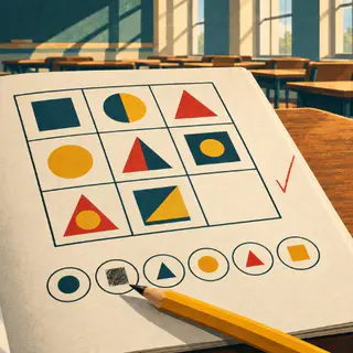 Daily IQ cover art: A 1960s aptitude test booklet open on a 3×3 pattern matrix with one empty square, a pencil and a chrome stopwatch beside it.